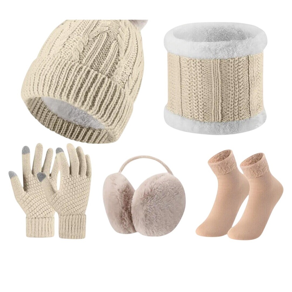 Beige Winter Accessory Set Beanie Neck Warmer Earmuffs Gloves Socks 5-Piece Set